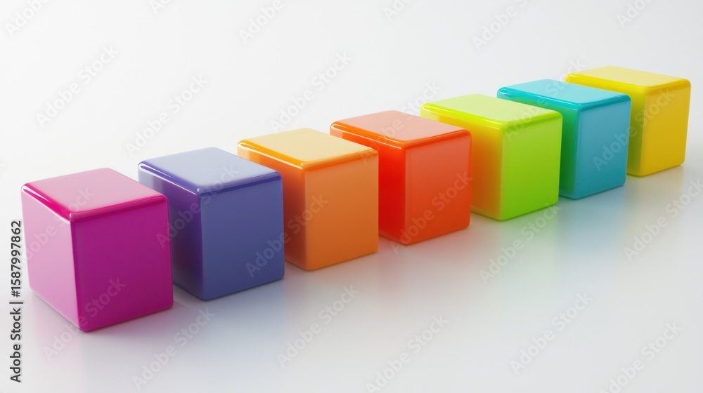 Poster 3d render lineup of colorful toy blocks on white background