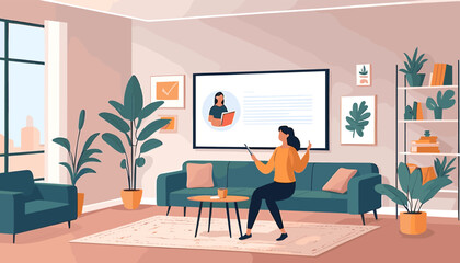 Modern Living Room Interior with Woman Using Tablet in Stylish Home Office Setting with Plants and Minimalist Decor