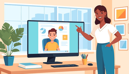 Professional Woman Conducting Online Presentation in Modern Office with Large Monitor and Bright Window View