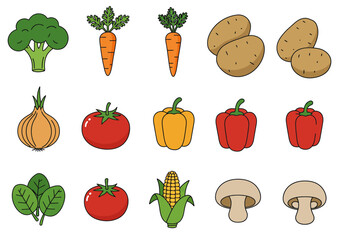 A collection of colorful cartoon vegetables arranged in rows on a white background