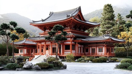 Obraz premium Serene Japanese temple surrounded by lush greenery and mountains under a clear sky