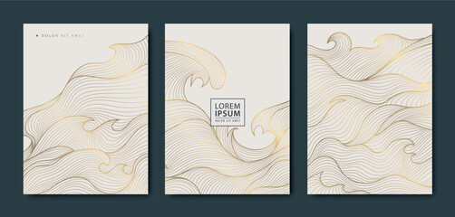 Naklejka na ściany i meble Vector set of Japanese style line golden water waves, sea, ocean luxury background. Graphic art design, oriental pattern, fancy cards, posters, covers.