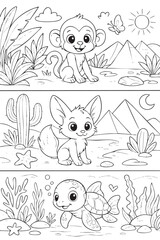 Cute desert and ocean animals including monkey, fennec fox, and turtle shown in different natural habitats. A fun and diverse educational coloring page. 