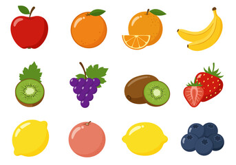 A grid of cartoon fruits apple orange bananas kiwi grapes strawberry lemon grapefruit and blueberries