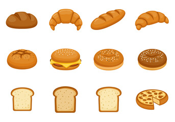 A variety of cartoon baked goods displayed in a grid pattern on a white background