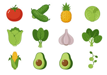 A variety of cartoon vegetables and fruits arranged in a grid pattern
