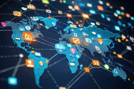 Tech UI map showing global spread of social media apps, real-time symbol interface
