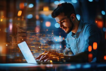 Tech start scene, man engaging with digital work on laptop