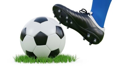 Soccer player s black cleat about to kick a classic black and white soccer ball