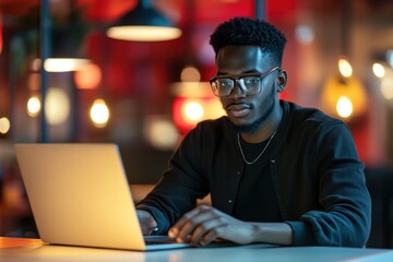 Tech start scene, man engaging with digital work on laptop