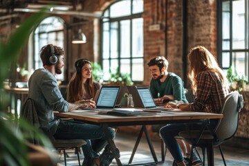Tech company team in casual attire working together in stylish coworking space