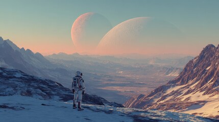 A space explorer in a sleek white suit standing on an alien planet with twin suns