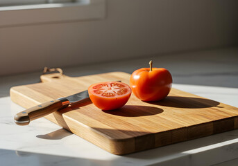 Close-up of a rustic wooden cutting board on a clean, white marble countertop, dappled with sunlight from a window, showcasing the natural wood grain and textures, a kitchen tool for food preparation.