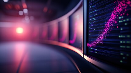 Database High tech command center with multiple monitors showing real time database transactions.