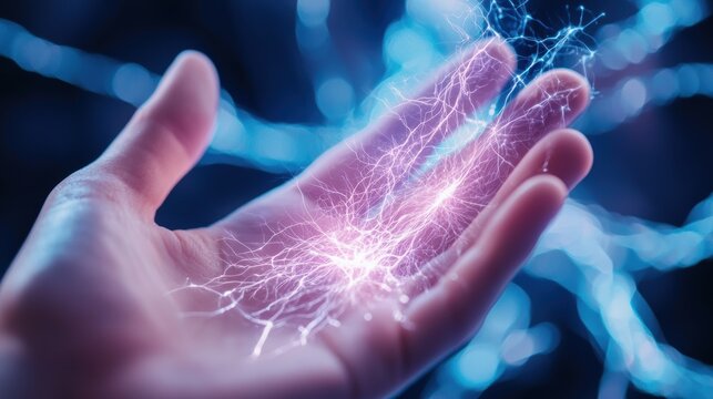 Plasma Blue plasma energy beam illuminating a scientist hand in a cutting edge laboratory.