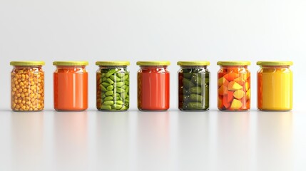 3d render lineup of canned foods on white background