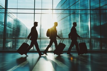 Team of executives on corporate trip, dragging suitcases through glass urban zone