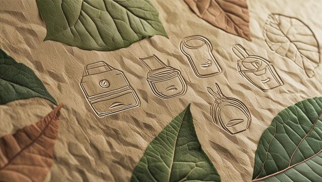 Abstract design of stylized objects and leaves on textured sand-like surface.