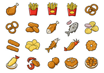 Array of cartoonstyle fried food items fries seafood chicken pretzels chips and doughnut