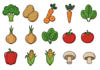 Array of produce includes broccoli potatoes carrots spinach onions tomatoes pepper corn  mushrooms