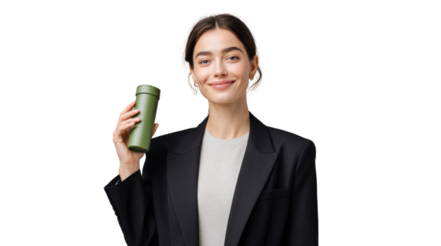 A woman in a suit holding a green travel mug, smiling against a white background. - Powered by Adobe