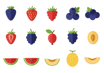 Array of stylized berry and melon illustrations on a white background