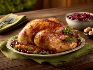A golden roasted turkey garnished with herbs and cranberries sits on a platter, ready to be served at a festive meal