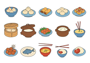 Assorted cartoon food dumplings soup noodles rice fish rolls  tofu in bowls pots plates with chopsticks