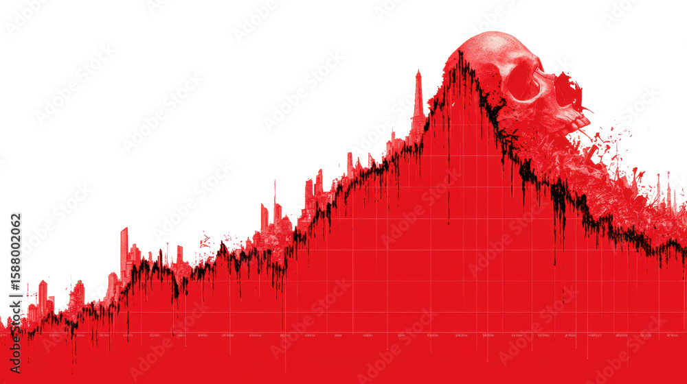 Poster abstract red wave graph showcasing data trends and fluctuations on a digital background.