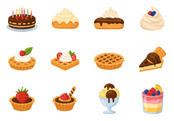 Assorted desserts are displayed including cake pie waffles parfait and ice cream