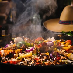 Sizzling Fajita Skillet with Fresh Vegetables and Tender Meat