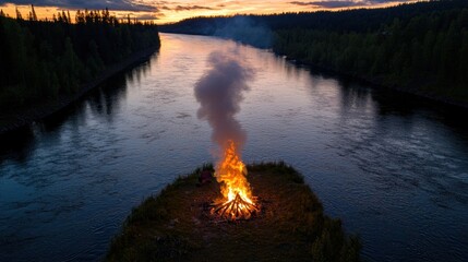 A vibrant bonfire burns on a riverbank at sunset, surrounded by lush greenery and smoke rising