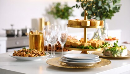 Fototapeta premium Elegant buffet table setup with various appetizers, decorative glasses, and a gold tiered stand in a modern kitchen setting