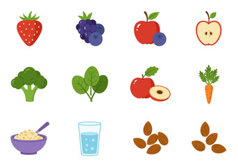 Assorted food icons on a white background fruits veggies bowl of oatmeal glass of water almonds