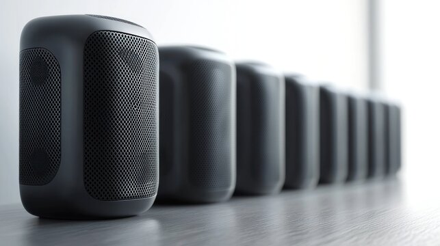 3d render lineup of bluetooth speakers on white background