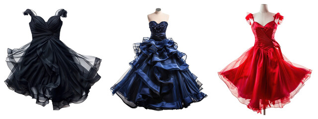 Three dresses on display mannequins with transparent background