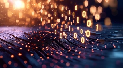 Binary Futuristic AI concept with glowing binary numbers flowing through a circuit board.
