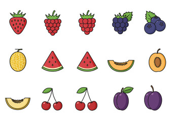 Assorted fruits arranged in rows strawberries raspberries melon watermelon cherries plums and blueberries
