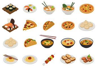 Assorted foods sushi pizza dumplings tacos noodles soups and kebabs arranged in rows on a white background