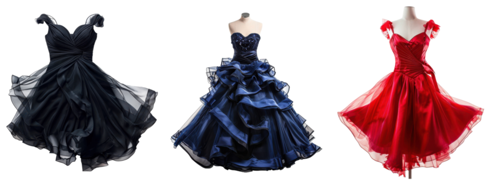 Three dresses on display mannequins with transparent background