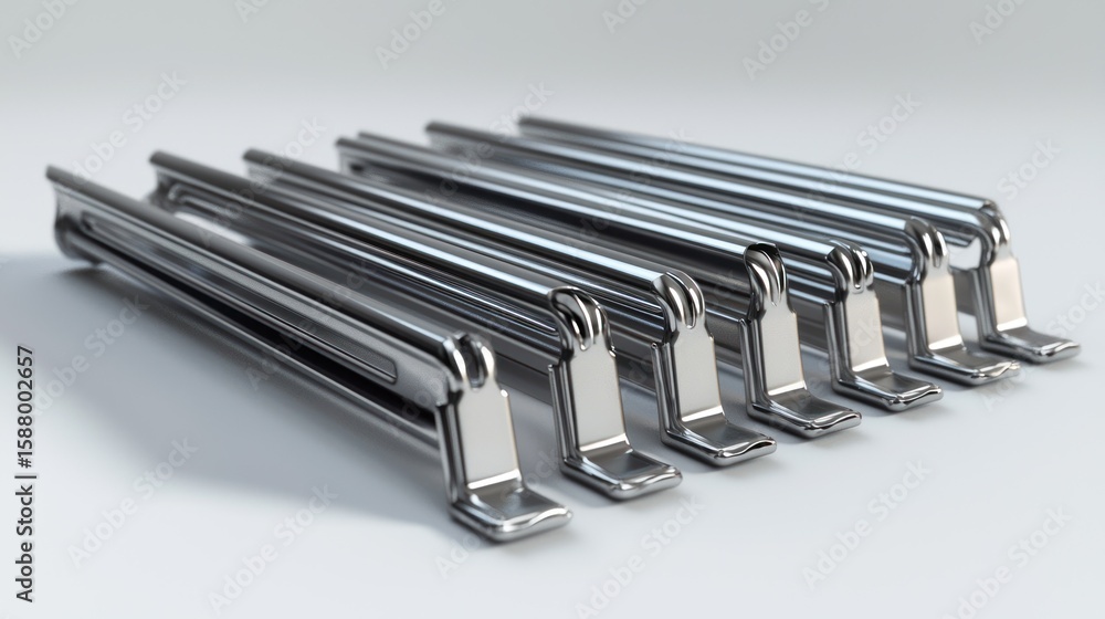 Poster 3d render lineup of binder clips on white background