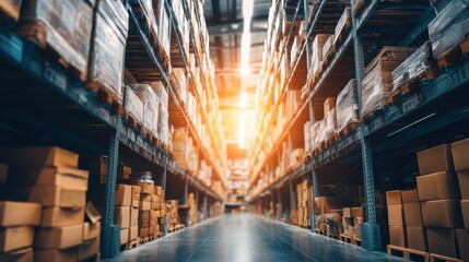 A large warehouse with shelves stacked high with boxes and pallets, illuminated by sunlight streaming through the ceiling