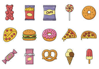 Assorted sweets and savory snacks are arrayed on a white background in a grid pattern