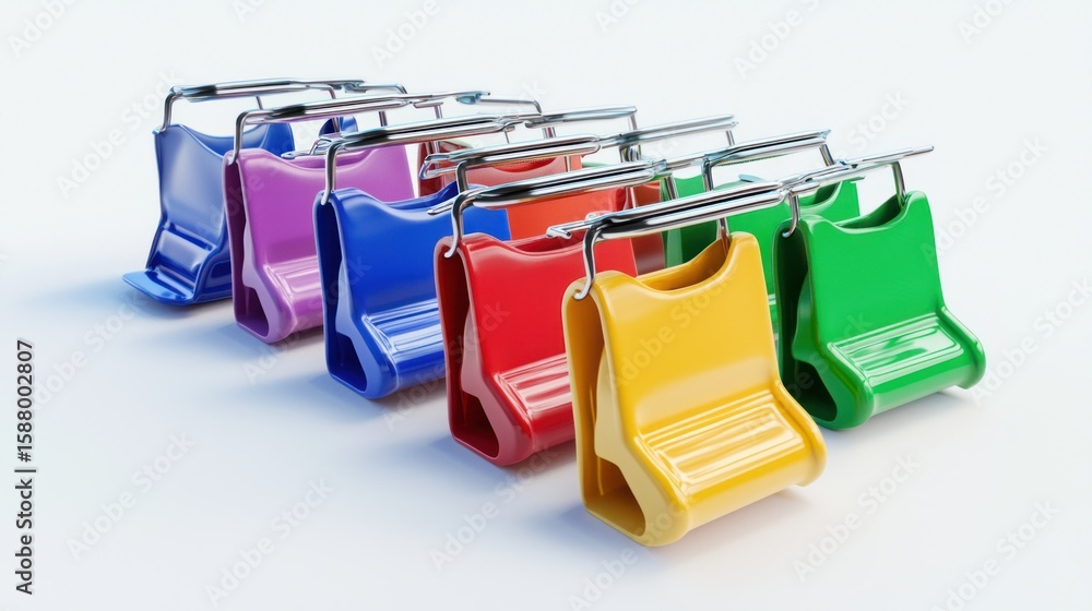 Poster 3d render lineup of binder clips on white background