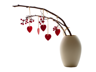 Red hearts hanging from a bare branch in a cream vase with red berries Valentines decoration isolated on a transparent background