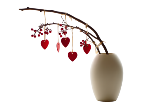 Red hearts hanging from a bare branch in a cream vase with red berries Valentines decoration isolated on a transparent background