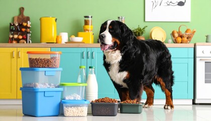 Obese Bernese Mountain Dog standing in a colorful kitchen next to various food containers and bottles of milk