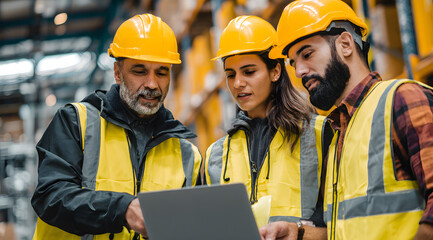 Warehouse team reviewing data on a laptop with safety gear on
