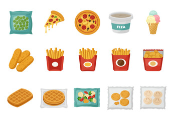 Assortment of illustrated frozen or fast food items on a white background