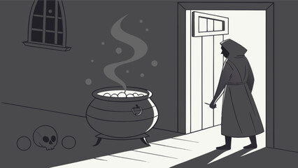 Spooky halloween scene with witch, cauldron, and skull for october holiday season and halloween party, fun art